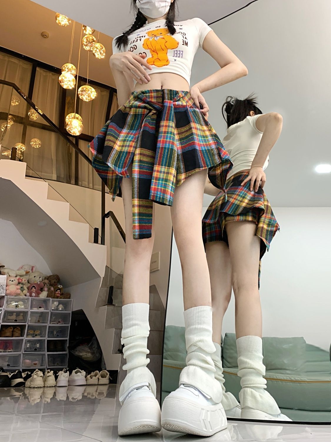 復古不規則撞色格子半身裙女夏季設計感小眾綁帶A字裙防走光短裙—貼心服飾
