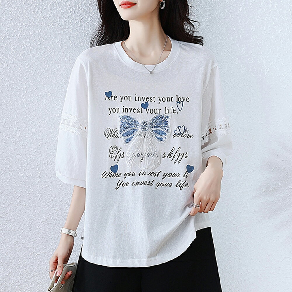 ＊ORead＊蝴蝶結燙鑽亮片印花上衣(白色L~5XL)