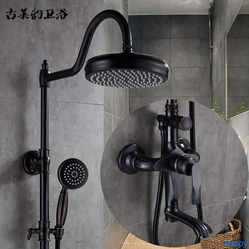 歐美式全銅黑色仿古花灑套裝浴室淋浴器淋雨噴頭掛墻式家用衛生間