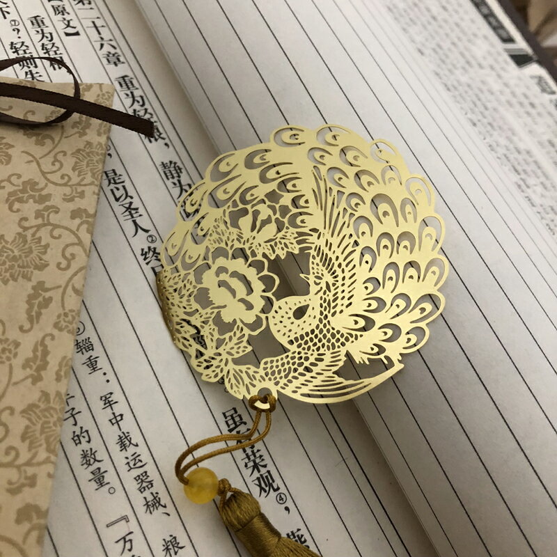 牡丹金孔雀書簽中國風流蘇金屬古典黃銅玫瑰花卉金魚文藝禮品古風