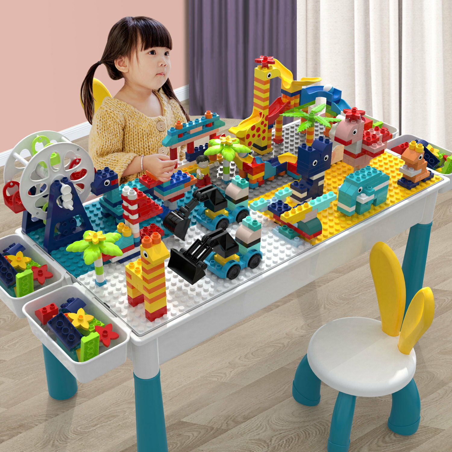 兒童積木桌多功能拼裝大顆粒積木大號益智學習桌男孩女孩玩具3-64018