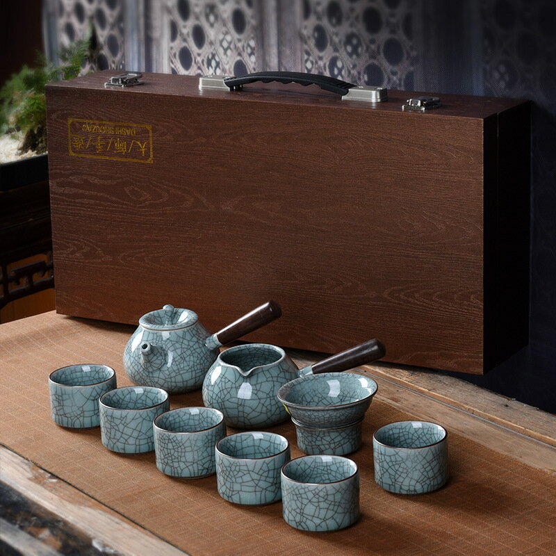 得閑飲茶 茶具組合 旅行茶具包 陶瓷哥窯側把壺10頭木制禮盒包裝功夫茶具套裝禮品可加LOGO茶具