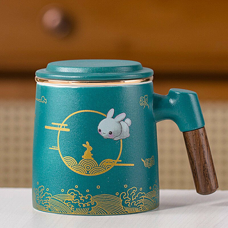 中秋玉兔陶瓷馬克杯茶水分離泡茶杯三件套辦公杯子印雕刻 0