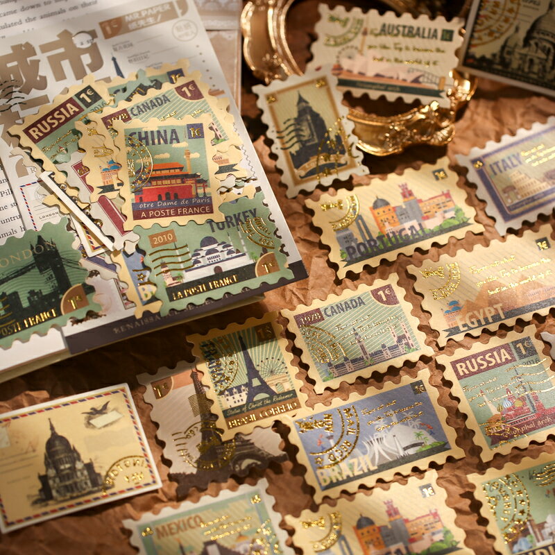 復古郵戳燙金和紙手賬貼紙文藝郵票ins手帳小圖案手機殼裝飾貼畫