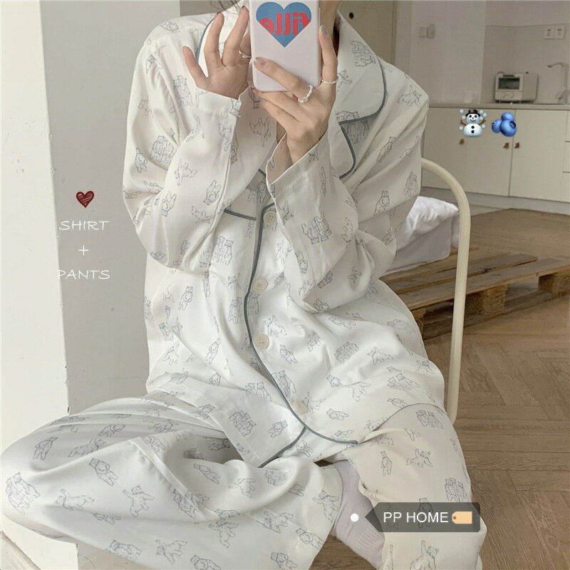 睡衣女長袖長褲春秋季韓版卡通學生少女休閑可外穿家居服兩件套裝