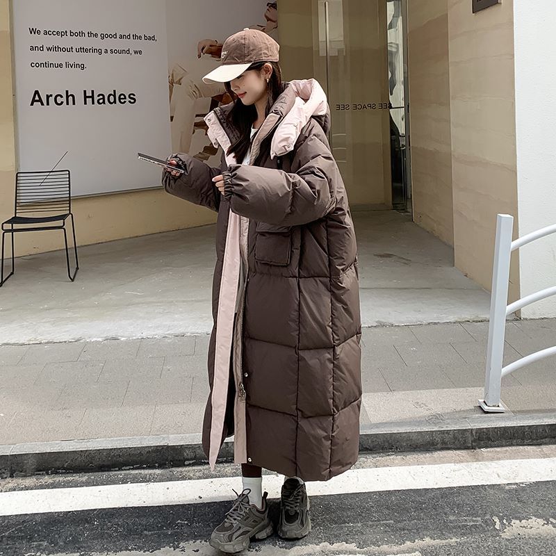 快速出貨/羽絨外套 長大衣 咖色美拉德羽絨服女冬加厚撞色90白鴨絨長款過膝藝考連帽外套ins