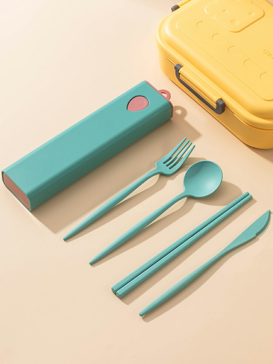小麥秸稈餐具戶外便攜套裝筷子三件套勺子收納盒單人裝便捷式外帶