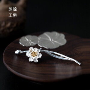s925純銀中國風花朵領針氣質甜美蓮花枝胸針女復古飾品定制