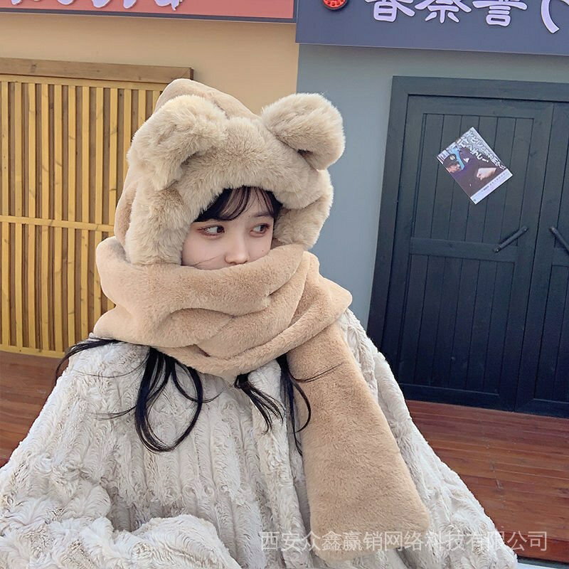 小熊帽子可愛女百搭秋冬季冬天圍巾一件式保暖手套圍脖三件式潮