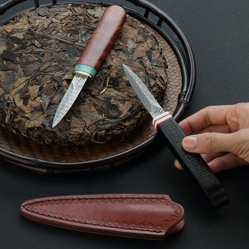 普洱茶刀大馬士革紅實木茶刀花紋鋼黑檀茶錐茶針白茶手工開茶刀| 協貿