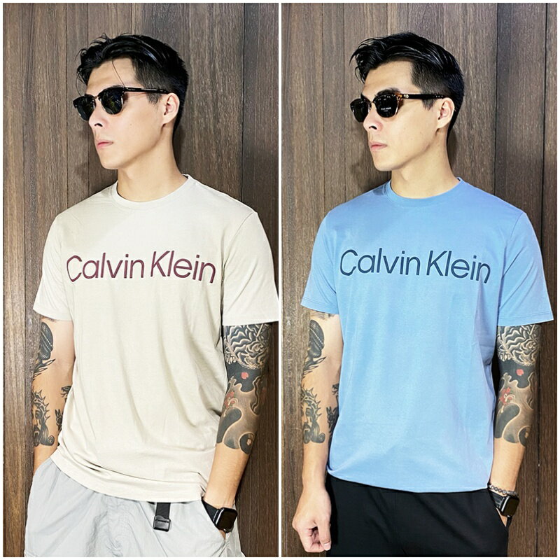 美國百分百【全新真品】Calvin Klein 短袖 棉質 T恤 CK 上衣 logo 短T 淺卡其/淺藍 CK10