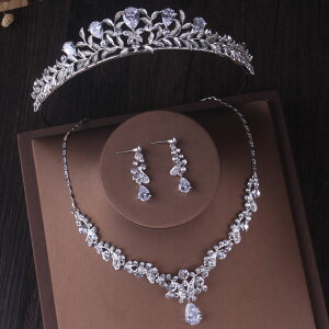 熱賣新娘飾品婚紗皇冠項鏈耳環三件套鋯石水鉆韓式婚禮發飾套鏈女