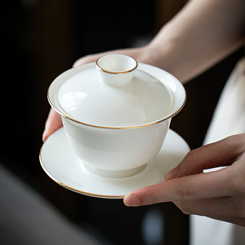 德化羊脂玉白瓷蓋碗三才碗家用單個泡茶杯大小號功夫茶具不燙手工