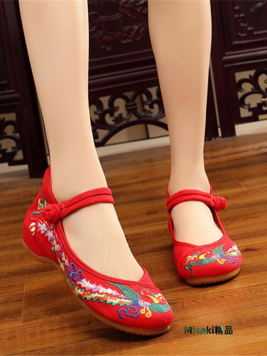 老北京布鞋女2021春季新款坡跟繡花鞋女內增高民族風青年復古平跟-Misaki精品