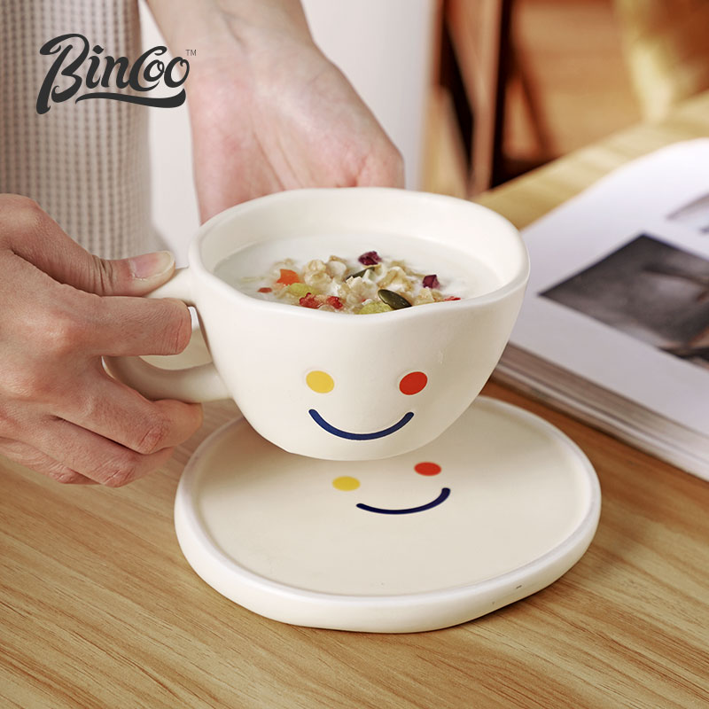 笑臉馬克杯咖啡杯碟套裝陶瓷杯高顏值ins風創意可愛早餐杯喝水杯