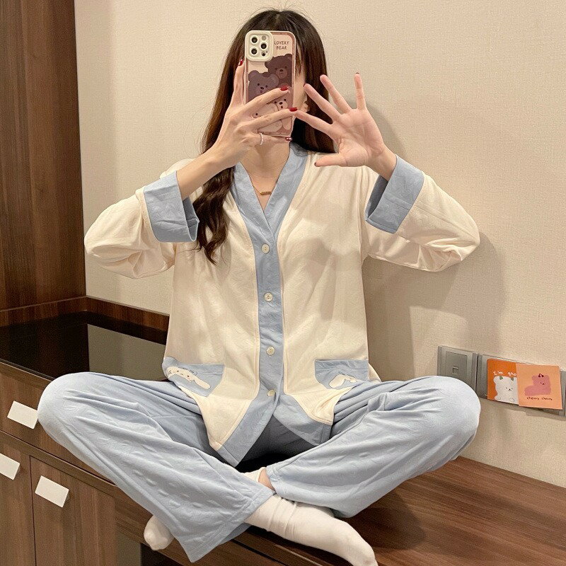 棉質睡衣女V領開衫長袖長褲寬松大碼網紅提花純色春秋家居服套裝