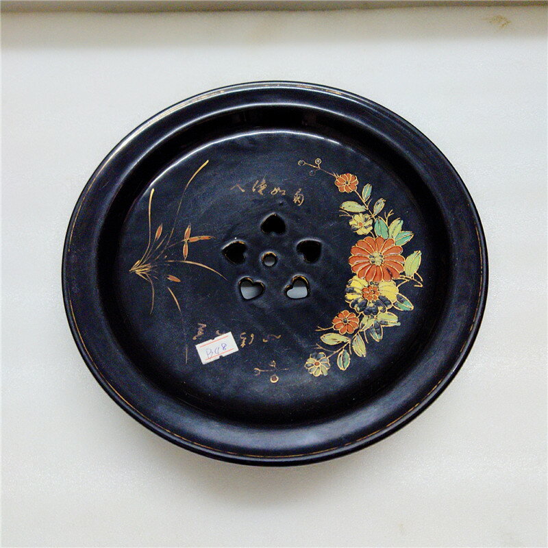 80年代潮汕功夫茶盤黑釉手繪茶池（24x8CM) B48