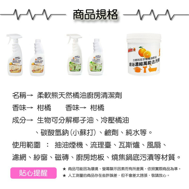 柔軟熊天然橘油廚房清潔劑小蘇打浴室清潔劑2罐600ml+600ml【緣屋百貨】天天出貨 小蘇打強效清潔劑 檸檬油 1
