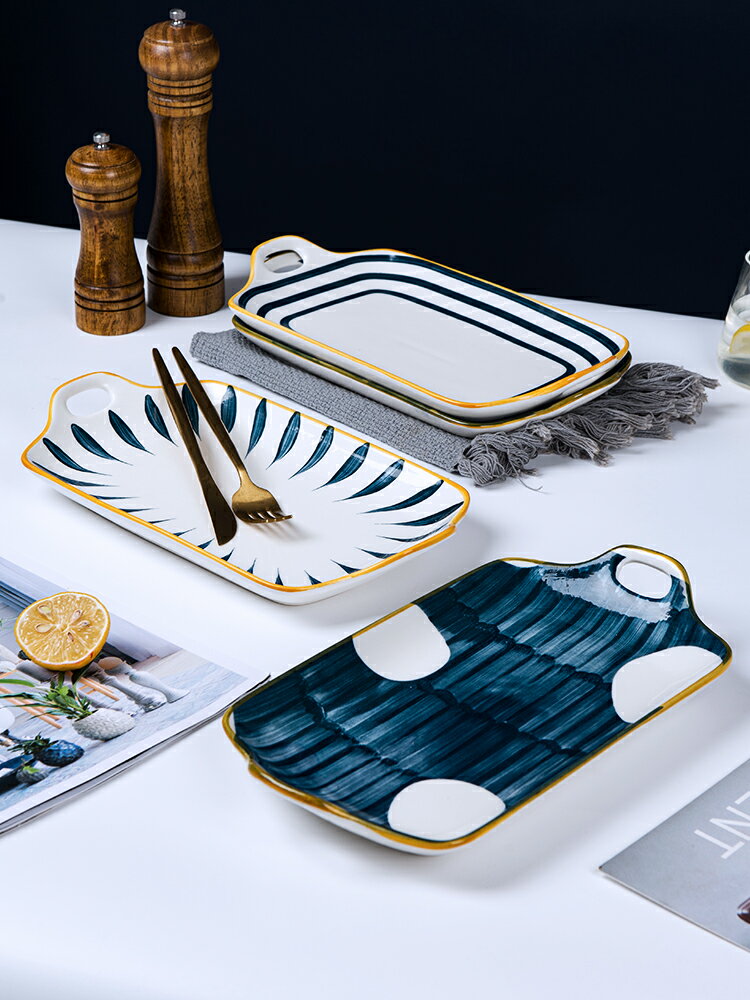 盤子家用陶瓷菜盤創意北歐雙耳魚盤大號餐盤蒸魚烤魚盤深盤長方形