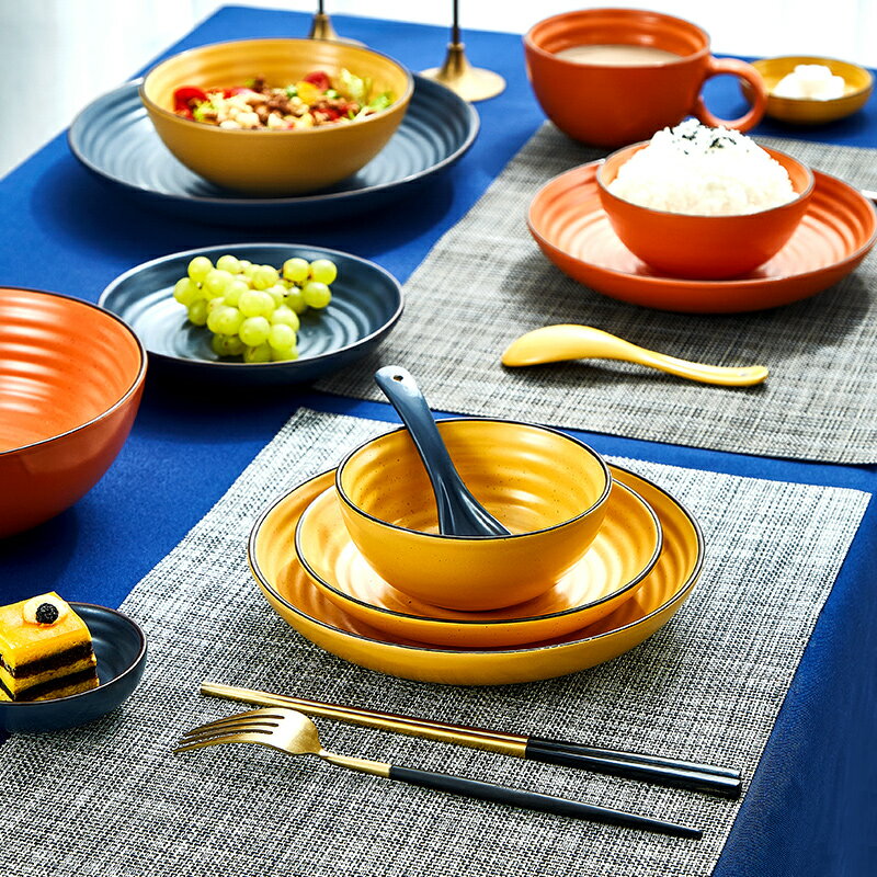 復古美歐復古日式餐具碗碟套裝純色家用碗盤子一整套網紅ins螺紋