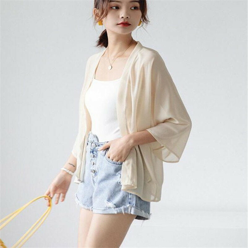 白色衣女外套2021夏季九分袖短款外搭開衫雪紡披肩防曬寬松襯衫薄
