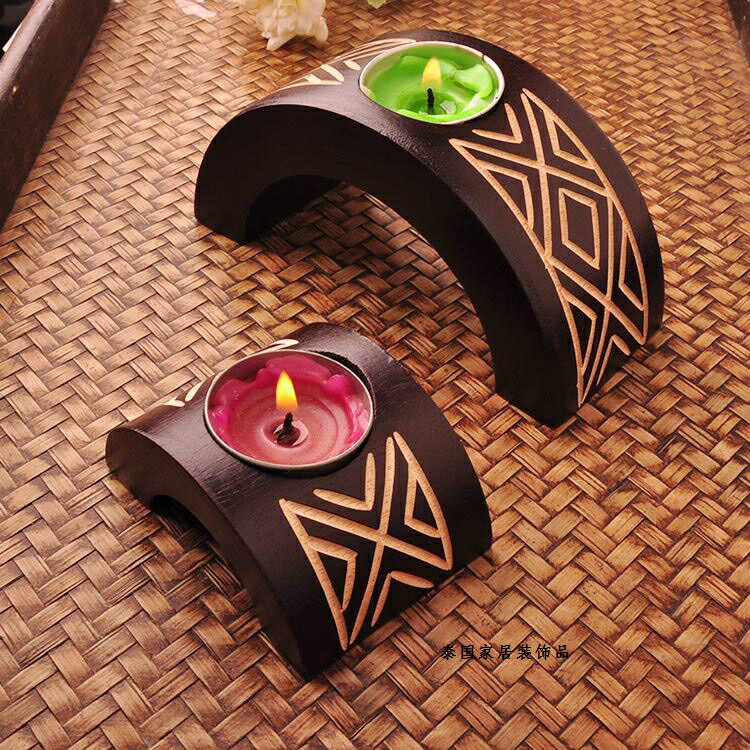 泰國特色木制雕刻拱形兩件套燭臺 特色禮品燭臺1入