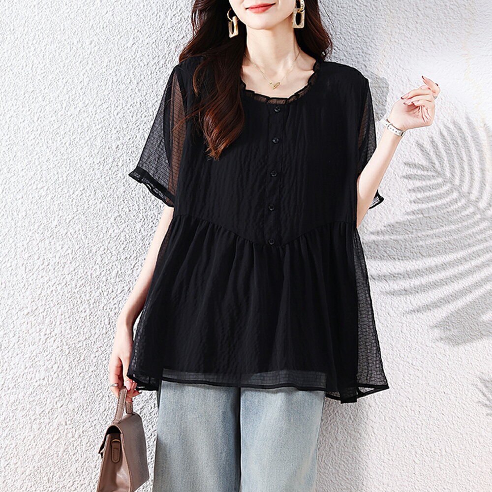 ＊ORead＊圓領雪紡上衣(黑色L~5XL)