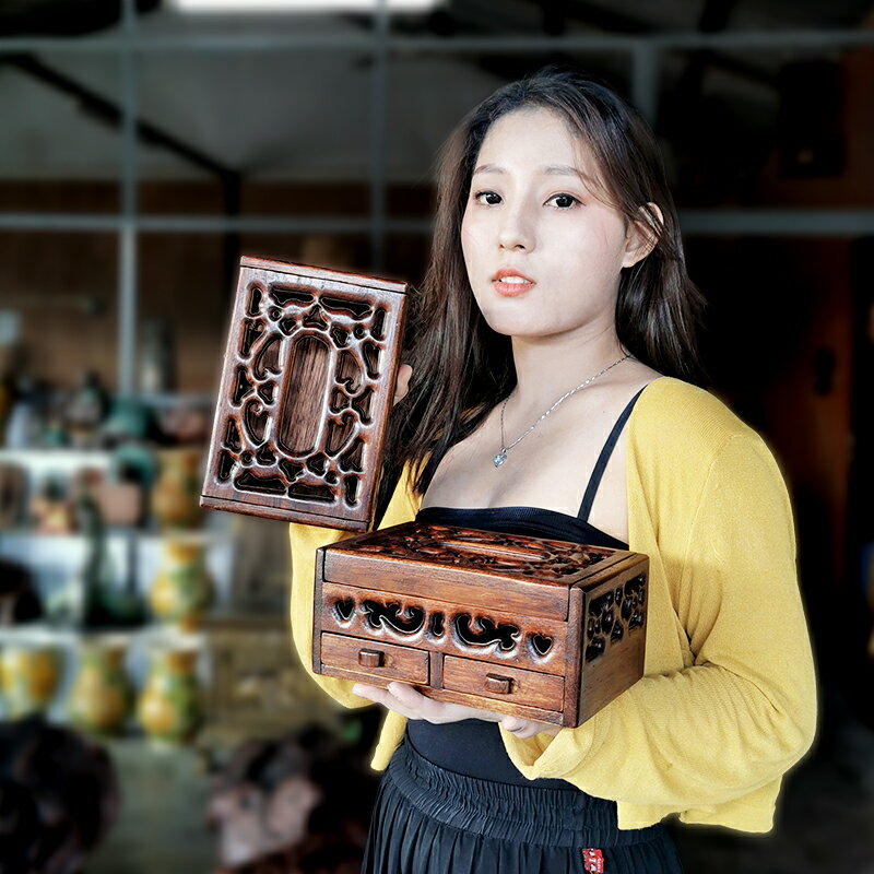 泰國實木紙巾盒客廳茶幾收納盒家用創意抽紙盒餐廳美容會所裝飾品