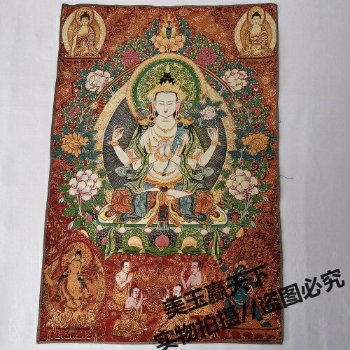 西藏佛像 尼泊爾唐卡畫像織錦布畫條幅絲綢繡 四臂觀音菩薩像度母