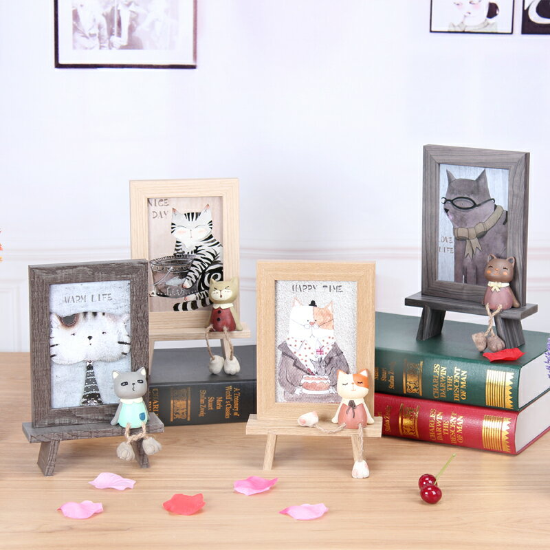 創意美式復古木質相框6寸擺臺可愛貓咪相架擺件定制照片 生日禮品