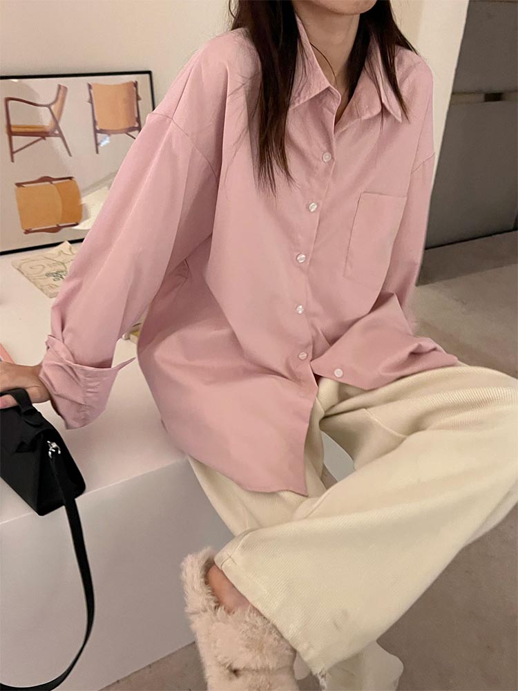 kumikumi粉色襯衫女小眾chic百搭休閑寬松防曬上衣春季長袖襯衣潮