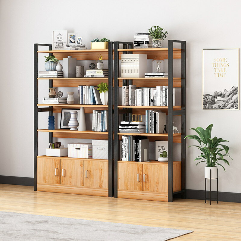 APP下單享點數9% 書架落地簡約鋼木臥室收納鐵藝柜子帶柜門客廳簡易多層書柜置物架