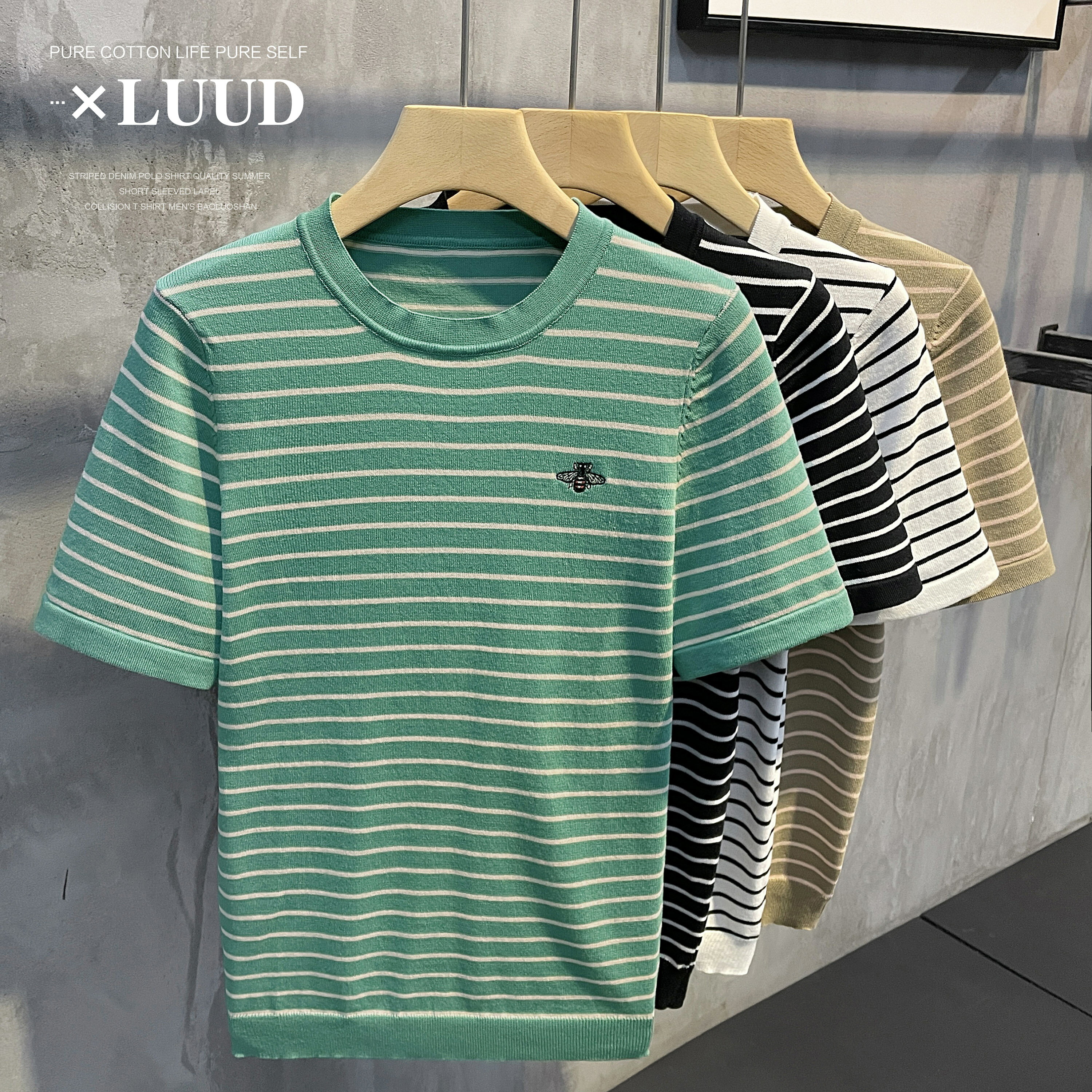 LUUD 歐洲氣質蜂蜜刺繡圓領短袖t恤男修身透氣薄款冰絲條紋針織衫