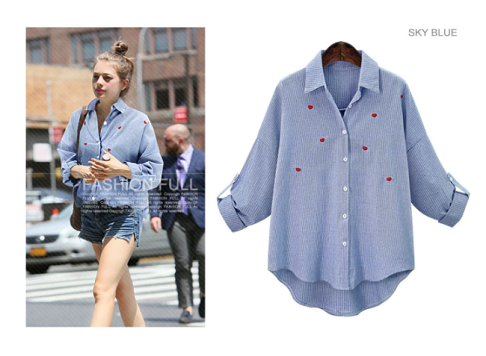 中大尺碼女裝~歐美大碼寬鬆繡花襯衫 棉麻襯衫 長袖條紋襯衫 胖MM都可以穿 0