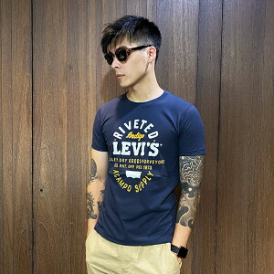 美國百分百【全新真品】Levi's 短袖 棉質 T恤 上衣 英文 logo T-shirt 男 深藍 AI87