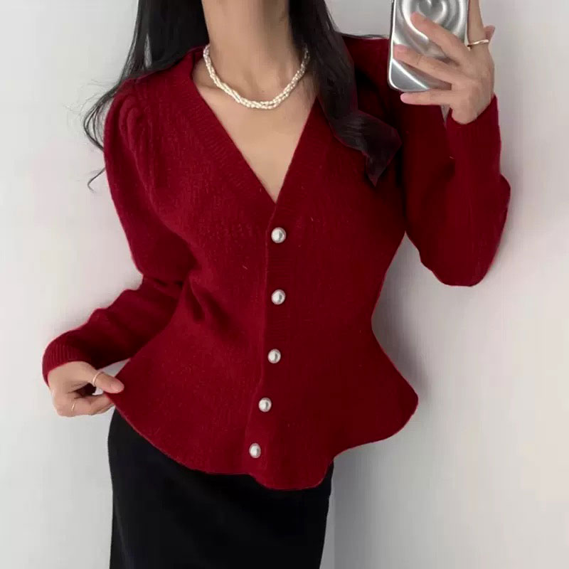 ANNAS 特價顯身材 正韓金蔥珍珠釦傘擺上衣 公主袖V領腰身顯瘦 紅色粗花呢小香風外套 性感氣質 過年新年婚宴 韓國金蔥上衣 6