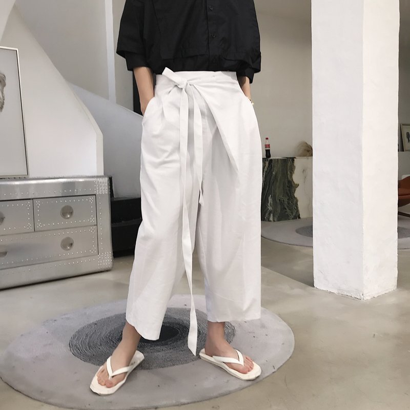 FINDSENSE H1 2018 夏季 新款 日本 設計師款 純色 斜門襟綁帶設計 寬鬆 八分褲 顯瘦哈倫褲 獨家款