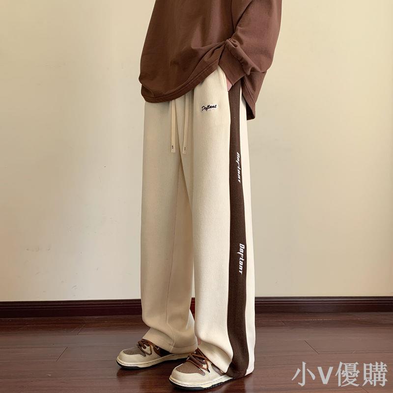 小V 燈芯絨男褲秋冬款高街vibe美式闊腿衛褲百搭休閑直筒寬松運動長褲休閒長褲 男褲子 男長褲 保暖長褲