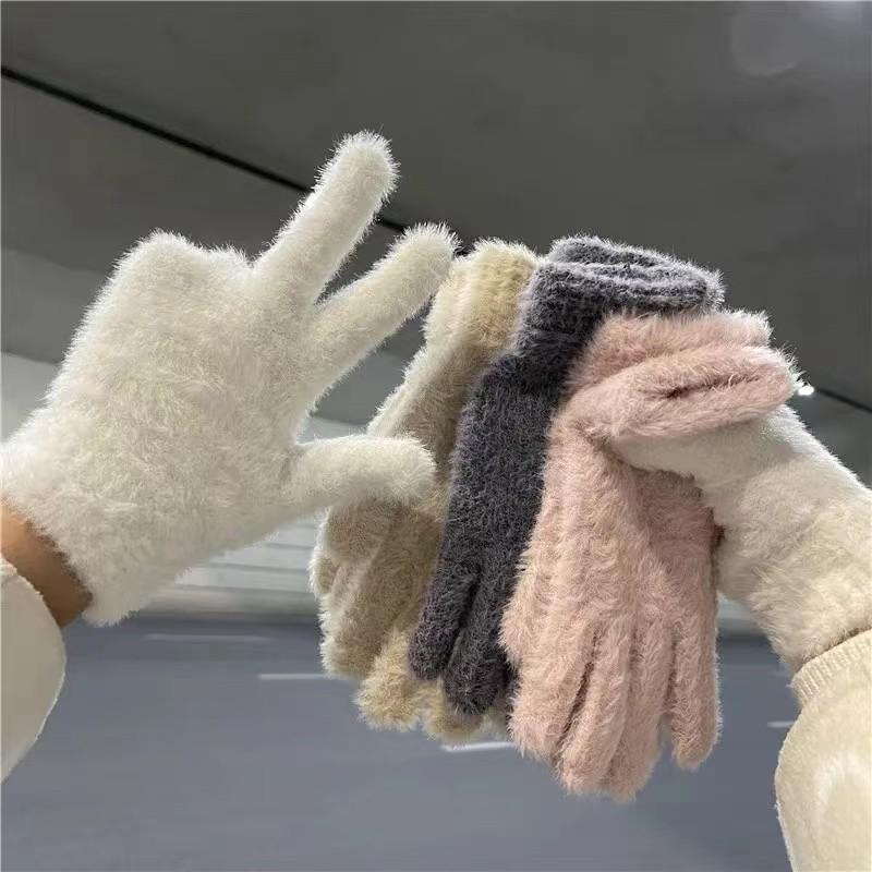 冬季騎車保暖手套仿兔毛毛絨ins女加絨手套可愛分指防寒純色手套
