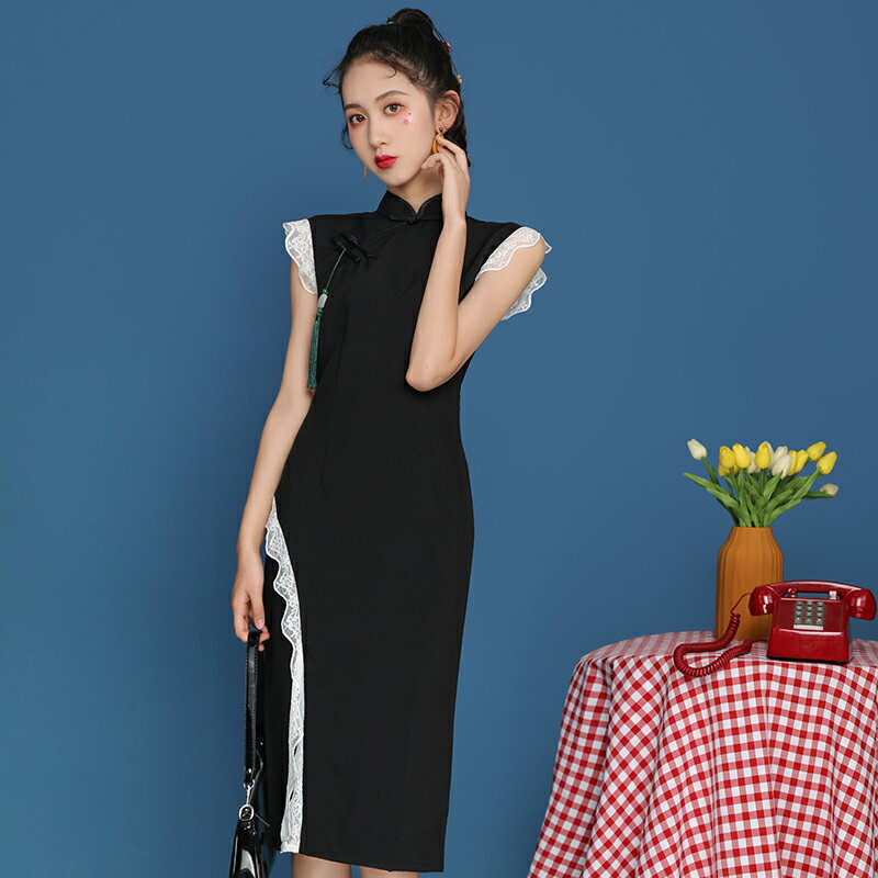 新款日常旗袍款改良版黑色性感優雅年輕款少女中國風連衣裙女