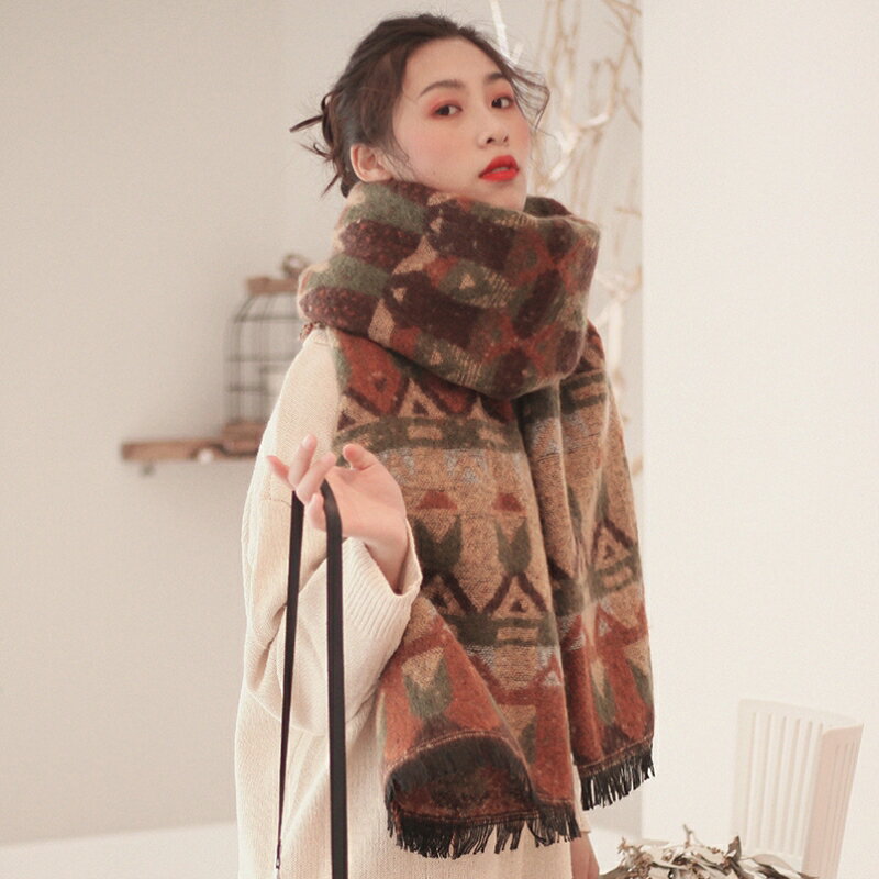 【清倉1件磚紅色】斗篷披肩 披風外套 毛呢外套 高階感藍色圍巾女冬季雪山旅遊穿外搭加厚兩用