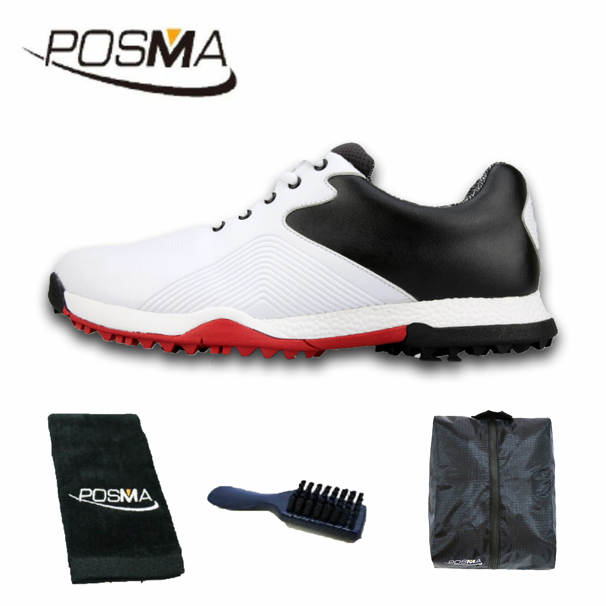 高爾夫男士防水運動鞋 寬版舒適型 軟鞋底球鞋 GSH116 白 黑 配POSMA鞋包 2合1清潔刷  高爾夫球毛巾