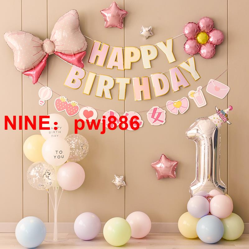 [臺灣公司貨 可開發票]生日快樂裝飾場景佈置一週歲兩2寶寶氣球女寶兒童派對背景墻女孩