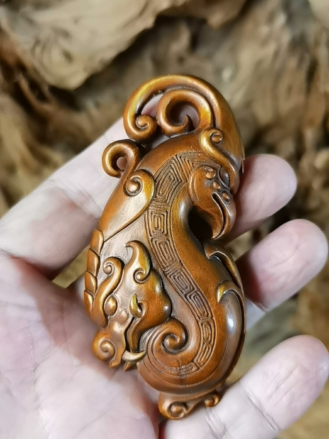 黃楊木雕手把件~龍鳳呈祥盤玩把玩物件掛件實木吊墜文玩工藝品禮