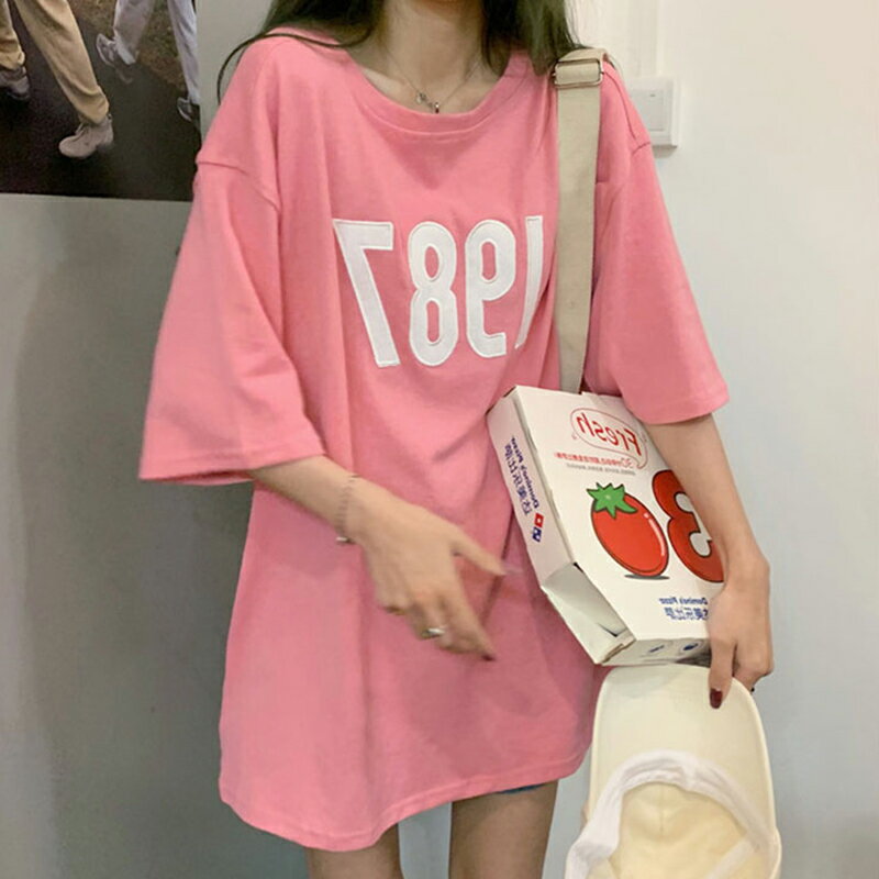 hiphop網紅炸街粉色短袖t恤女夏季寬松ins潮牌設計感小眾半袖上衣