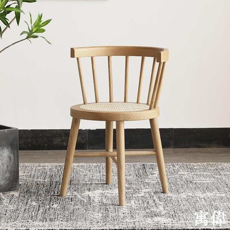 免運 日式簡約實木溫莎椅子複古藤編家用北歐靠背餐椅陽臺休閒公主圈椅 餐椅 藤編椅 休閒椅 學習椅 戶外椅 休閒椅