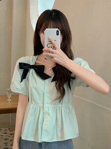 法式蝴蝶結泡泡短袖襯衫女設計感小眾夏季年新款韓版寬松上衣