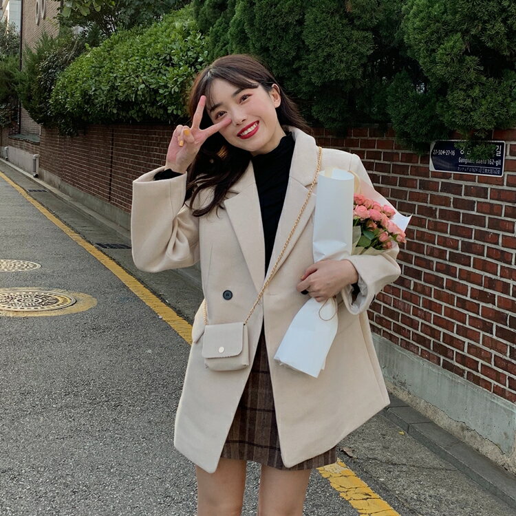 韓版加厚西裝毛呢外套女春季新款中長款顯瘦西服呢子大衣女送包包1入