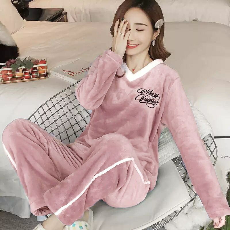 法蘭絨長袖傢居服套裝女|大碼秋冬睡衣|加厚保暖傢居服兩件套裝|寬鬆可外穿長袖套裝|簡約韓版可愛傢居服|蝴蝶結V領睡衣