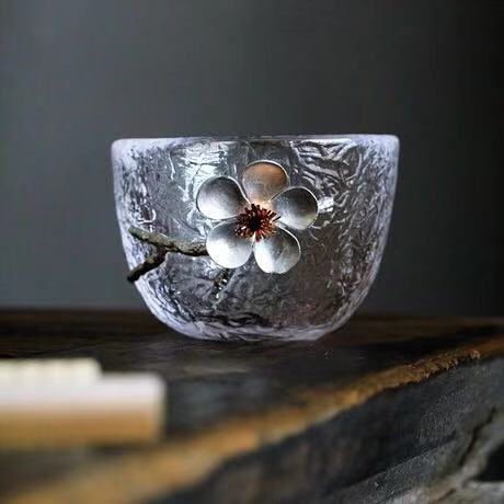 思友 玻璃小茶杯日式錘紋梅花錫制耐高溫家用單杯創意功夫茶具